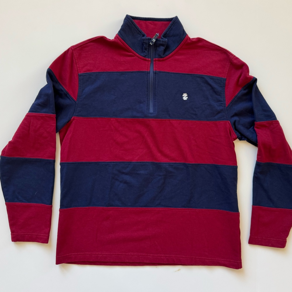 Izod Men's Red and Blue Striped Quarter Zip Sweater - Picture 1 of 5
